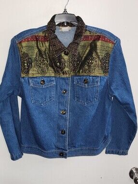 Vintage Denim Jacket with Olive Patterned Yoke Patchwork Tapestry